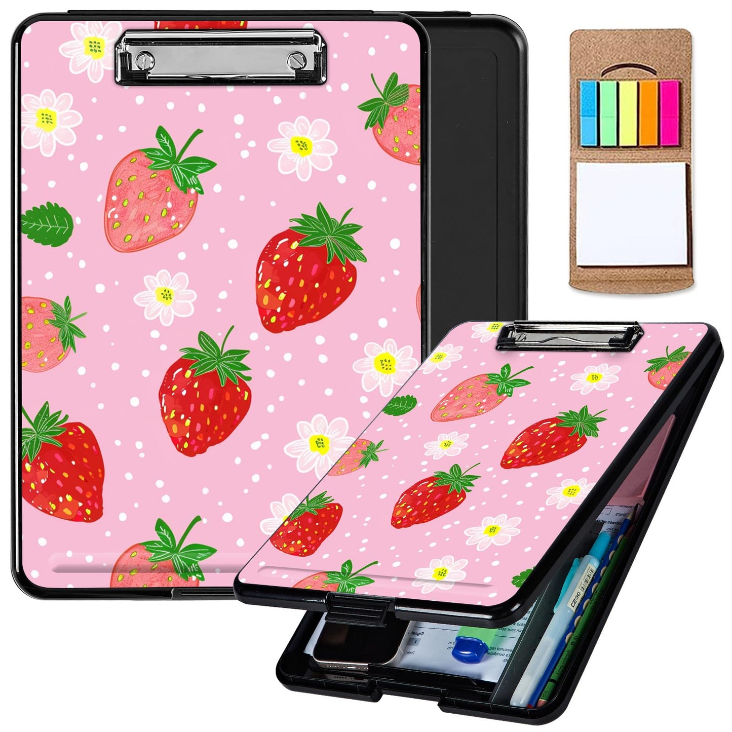 Clipboard with Storage,Plastic Storage Clipboard with Low Profile Clip, Heavy Duty Nursing Clipboards Foldable,Coaches Clipboard Case for Work, Office School Supplies,Teacher,Cute Strawberry Pink
