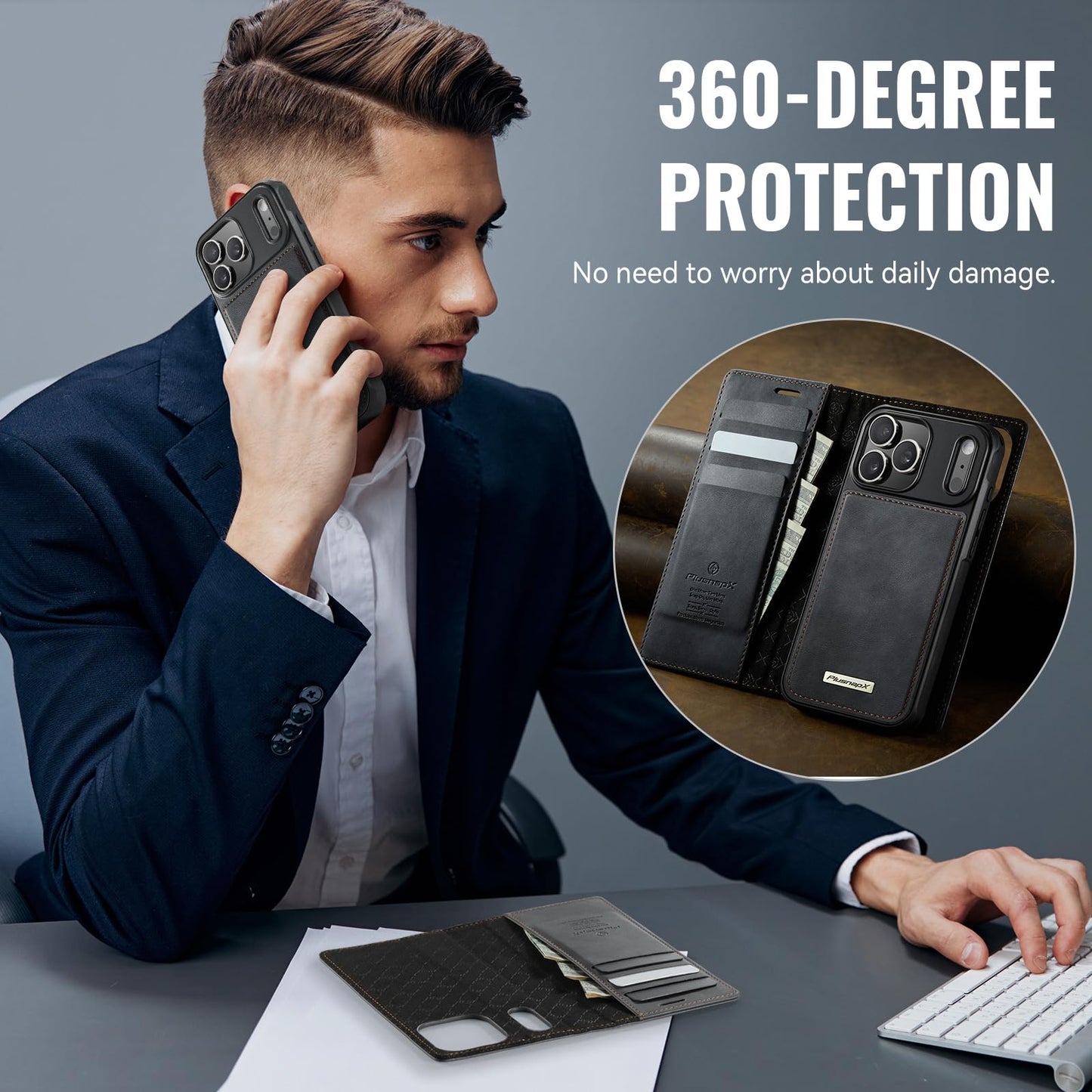 PlusnapX Wallet Case for iPhone 17 Pro Max Compatible with Magsafe, 2-in-1 PU Leather Flip RFID Blocking Card Holder Stand Shockproof Magnetic Detachable Cover for iPhone 17 Pro Max Case 6.9", Black
