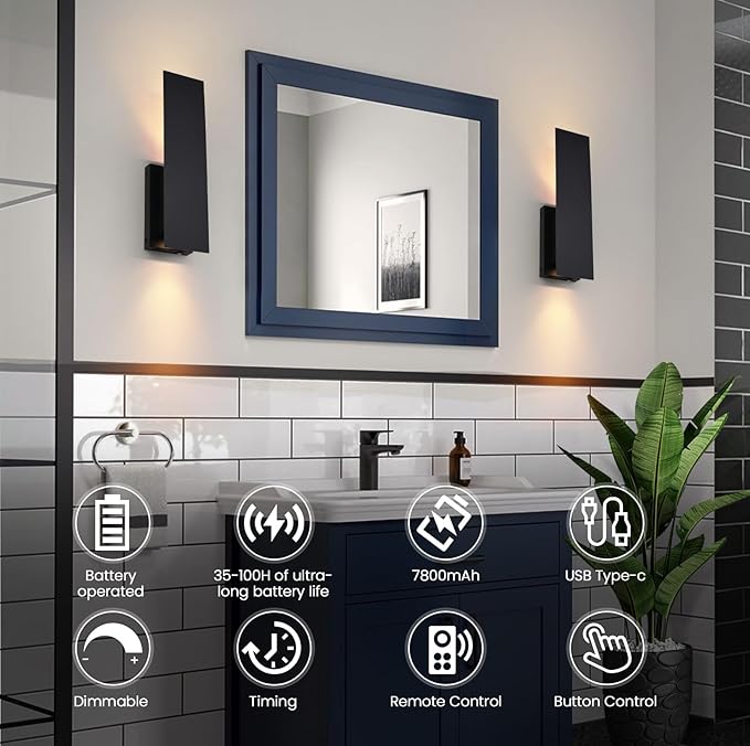 Black Wireless Wall Sconces Set of Two,3000K Warm White Battery Operated Wall Sconce with Remote,USB Rechargeable LED Wall Lights for Living Room Bedroom Hallway
