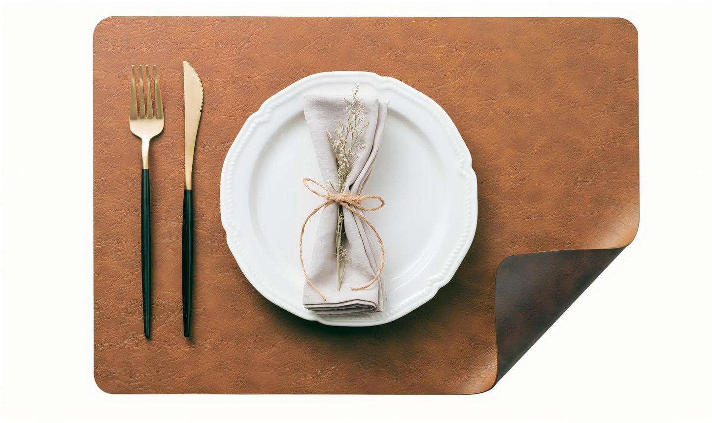Placemats Set of 4, DOLOPL Reversible Dual-Color Faux Leather Place Mats 17"x11.8"– Waterproof, Heat Resistant, Washable & Wipeable, Luxury Retro Style for Kitchen Dining Table (Reddish Brown & Brown)