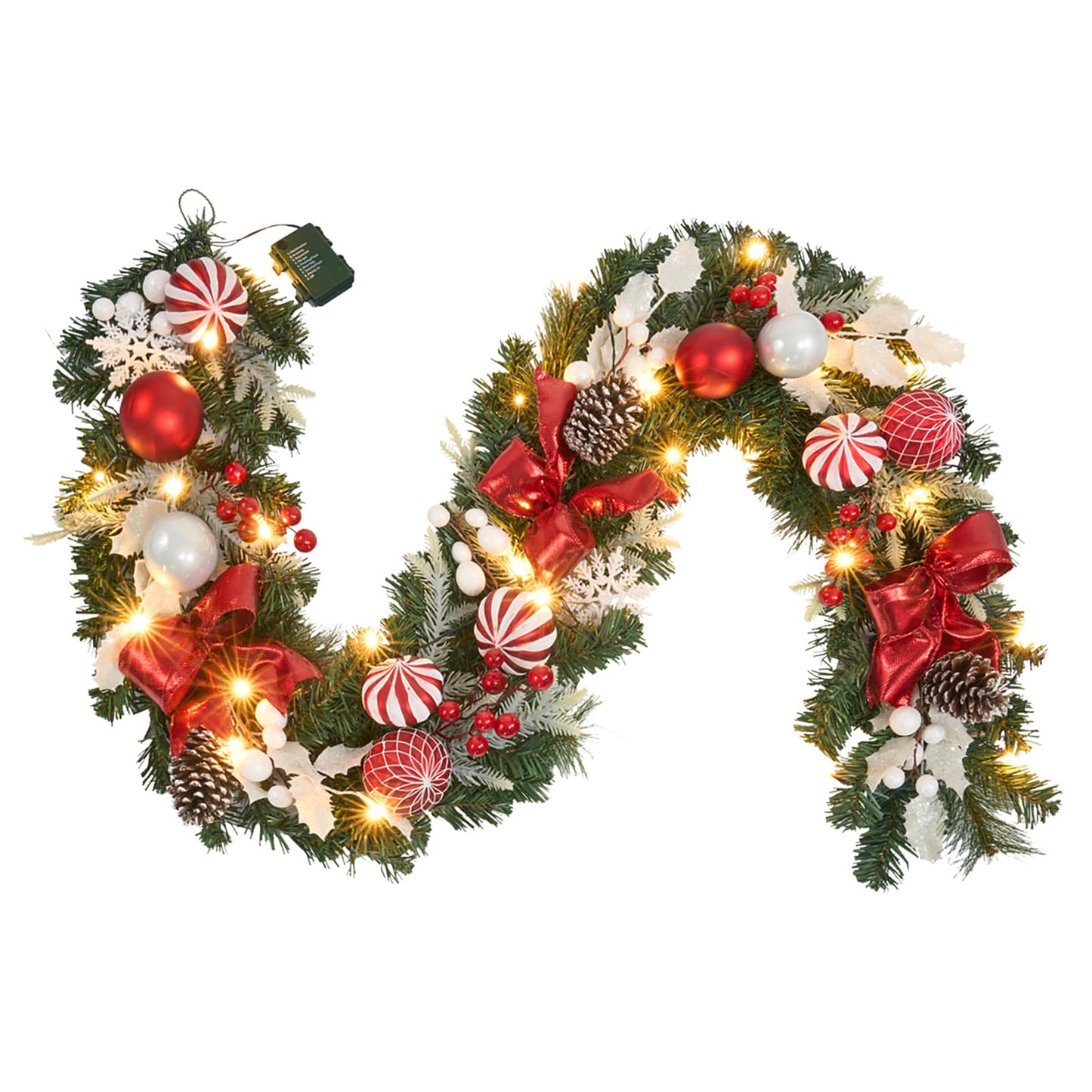 prelit 6ft Christmas Garland with 25 LED Lights with Timer, prelit red White Garland with Plenty Hand-Painted Ornaments,Festive Lighted Winter Decor for Front Door, Mantel, Stair & Fireplace