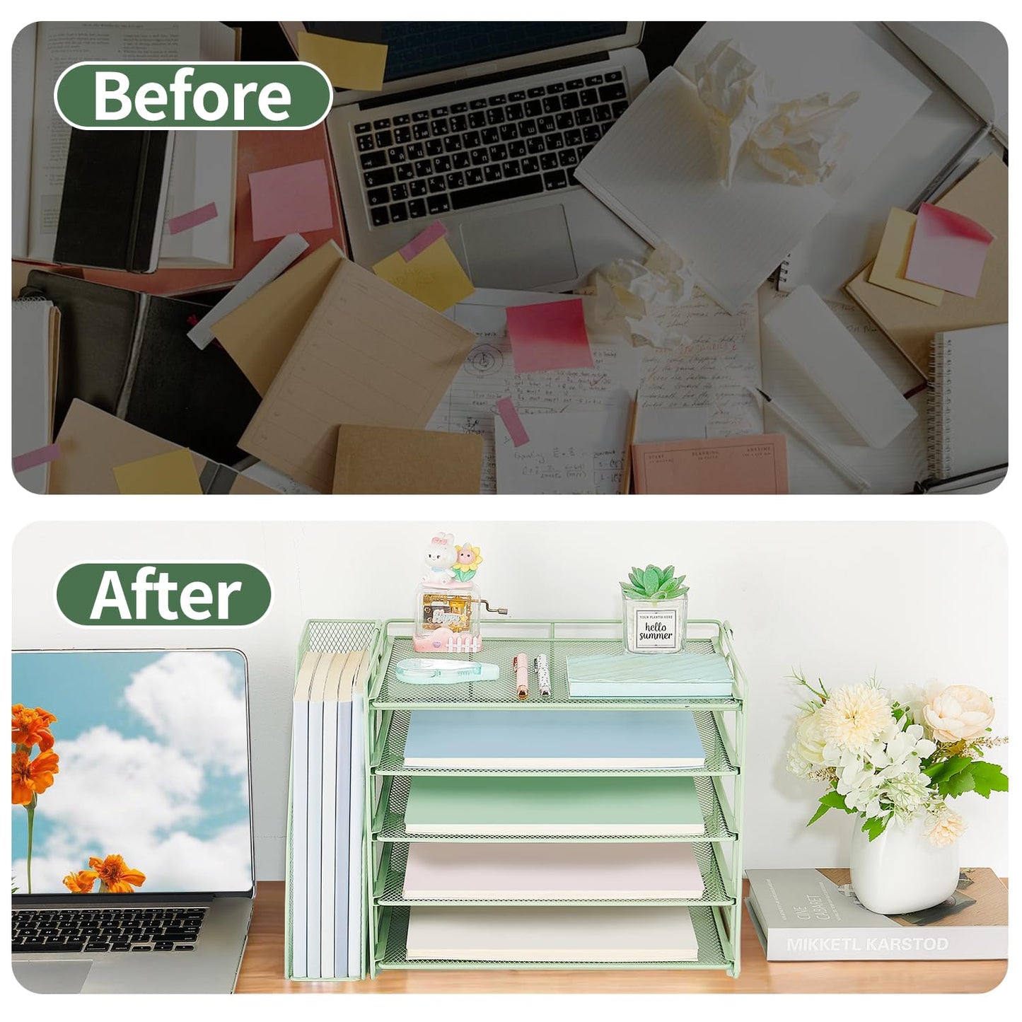 AUPSEN Green Desk Accessories Organizer,5-Tier Letter Tray Paper Organizer with Adjustable File Holder, Desktop Office Desk Accessories for Office Supplies