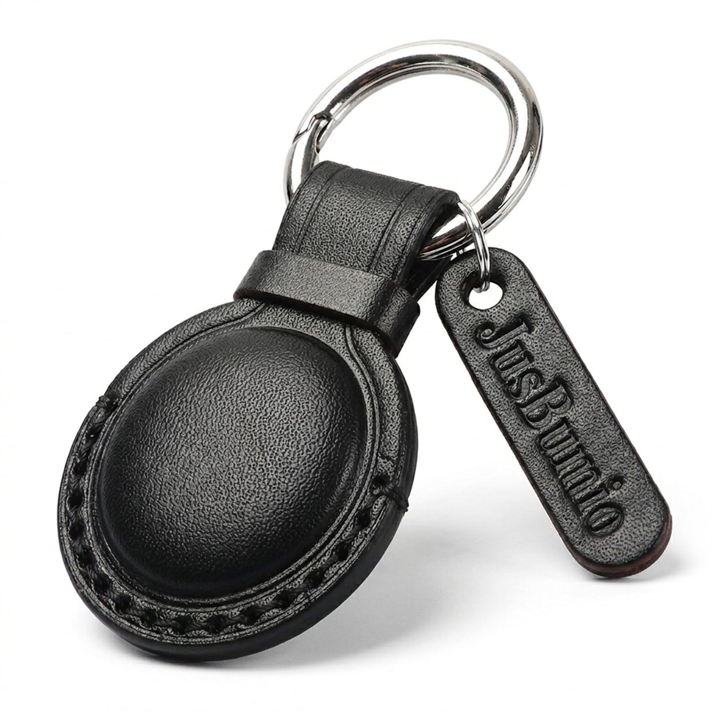 JusBumio Handcrafted Full Grain Veg-Tanned Leather Holder Compatible with Apple AirTag 2nd & 1st Gen, Full-Wrap Secure Keychain Case, Discreet Leather Air Tag Keychain for Keys, Bags & Luggage