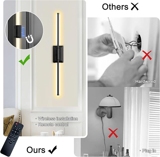Battery Operated Wall Light Set of 1 - Gold Picture Wireless Led Plug In Walls Sconce Fixture Indoor - Art Decor Bathroom Sconces Rechargeable - Modern Bedroom Cordless Lights Fixtures with Remote