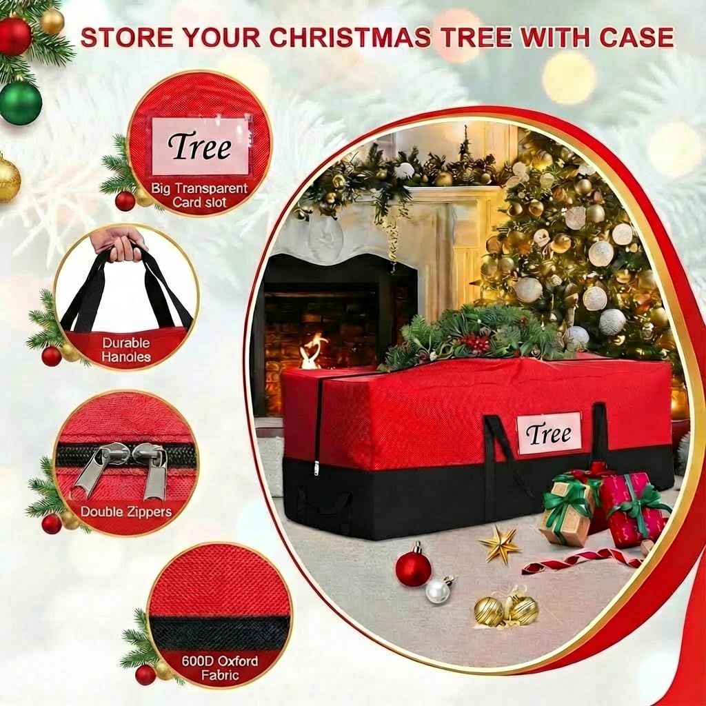 Christmas Tree Storage Bag - Fits Up to 8 Ft Tall Artificial Trees, Heavy Duty Holiday Storage Box With Reinforced Handles, Zipper & Transparent Pocket - 600D Oxford Container, Red