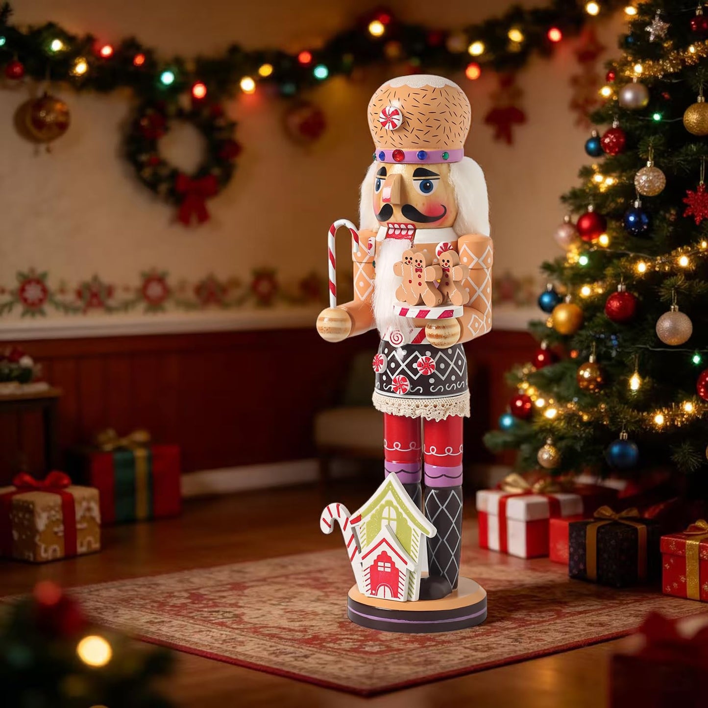 KoolShare 15-Inch Gingerbread Christmas Nutcracker, Wooden Baker Figurine with Cupcake Hat, Tray of Gingerbread Men & Candy House Base, Handcrafted Candy Land Decor for Holiday Mantel or Tabletop