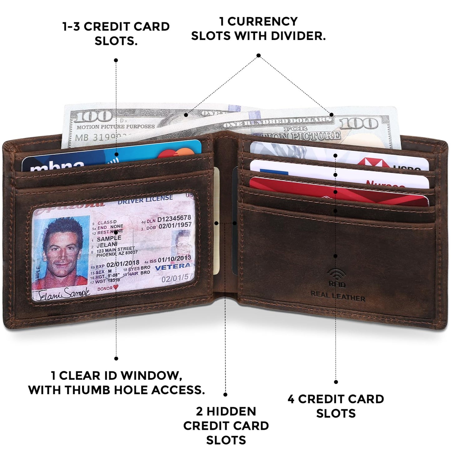 RUNBOX Genuine Leather Bifold Wallet for Men - RFID Blocking Slim Wallet with 9 Card Slots, 1 ID Window & Bill Compartment - Gift Box Packaging