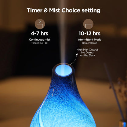 Essential Oil Diffuser Hand Blown Glass Aromatherapy Diffuser - Ultrasonic Cool Mist Scent Aroma Diffuser, Whisper Quiet with Auto Shut-Off, Timer Setting &7 Colors Night Light for Home