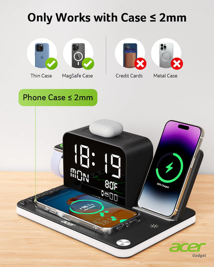 acer 7-in-1 Wireless Charging Station: Charger Stand for Multiple Devices for Apple - iPhone 16 15 14 13 12 Pro Max Apple Watch Airpods, Wireless Charger iPhone Charging Station with Bluetooth TimeSyn