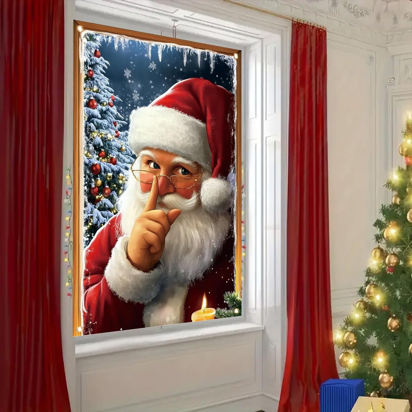 Saoplasa Christmas Window Cover Santa Claus Silent Night Decor Snowy Tree Candle Light Holiday Window Art Panel for Home Living Room Indoor Xmas Decoration 47x31 Inch Winter Wall Hanging Curtain