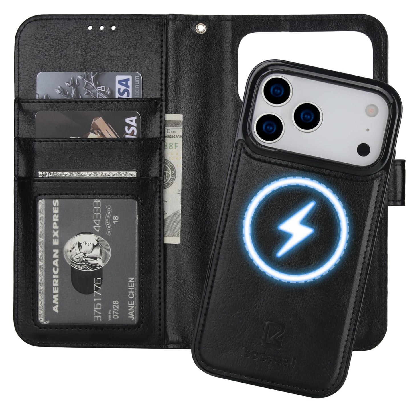 Bocasal for iPhone 17 Pro Max Wallet Case Compatible with MagSafe Wireless Charging, RFID Blocking Magnetic Leather Case with Card Slots Holder Kickstand Detachable Wrist Strap 6.9 Inch (Black)
