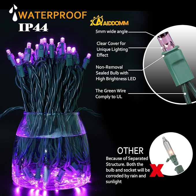 100 Counts Purple LED Halloween Lights – 50ft 5mm Purple Christmas Lights Outdoor Commercial Grade Waterproof, Indoor Halloween Party Decorations, Green Wire Purple String Lights, UL, IP:65