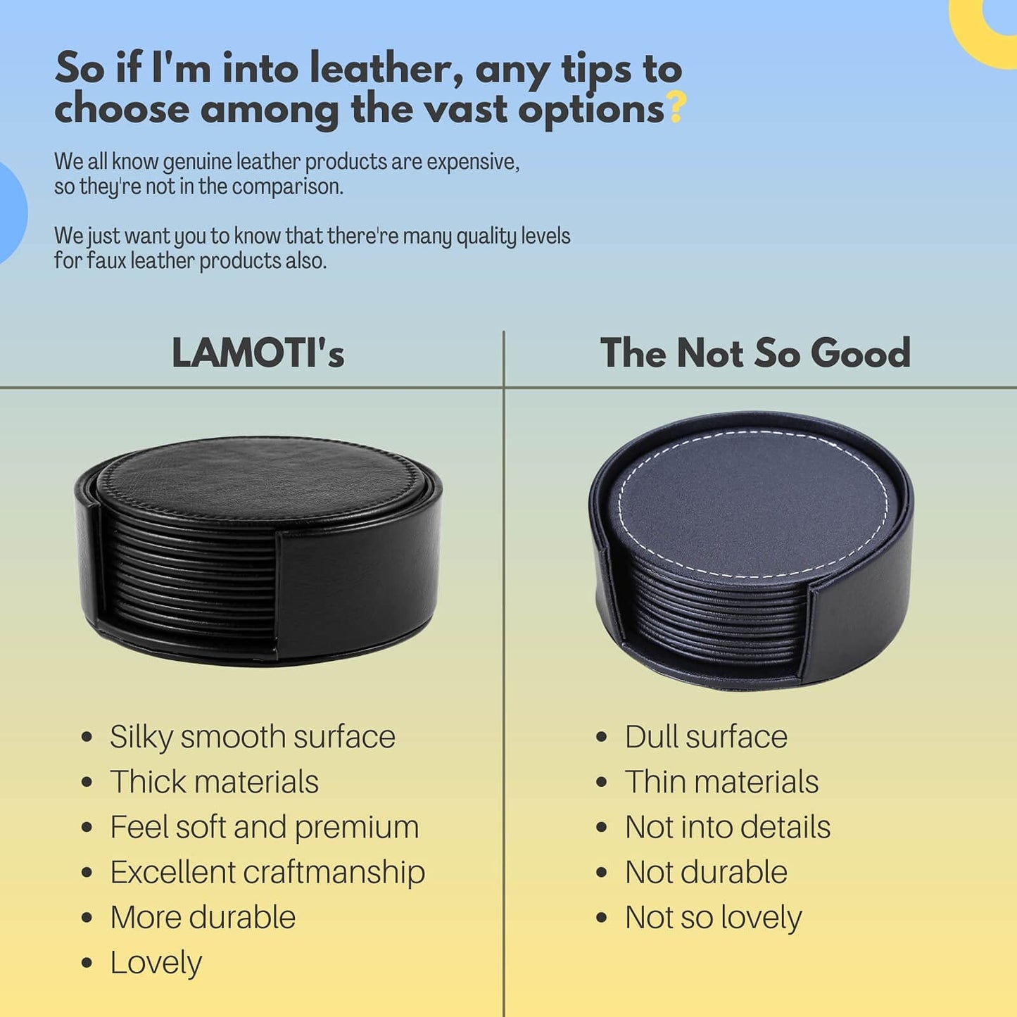 LAMOTI Leather Coasters for Drinks, 4" Drink Coasters Set of 6 with Holder for Tabletop Protection, Handmade Luxurious Home Décor and Housewarming Gift (Black)