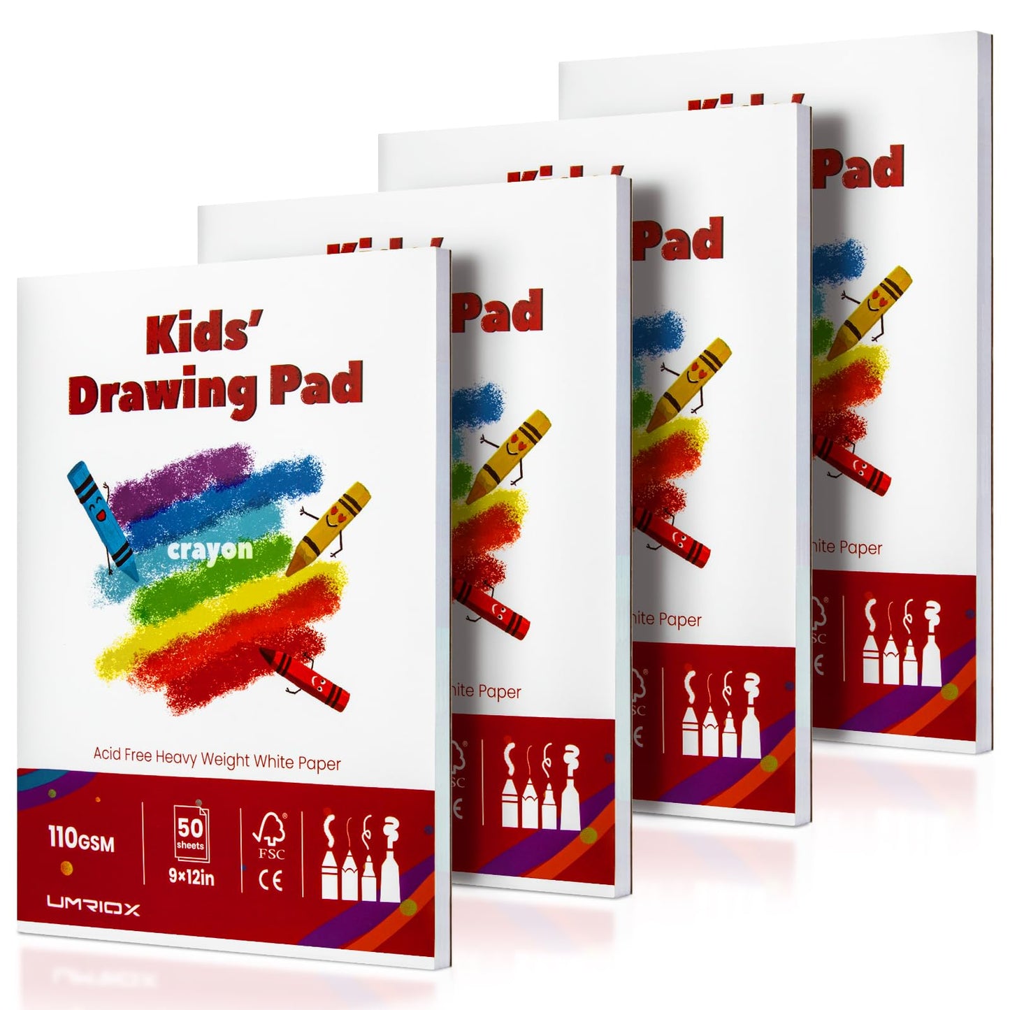 Umriox Drawing Pad for Kids, 9" x 12" Sketch Book, 4-Pack Sketch Pad (50 Sheets Each), 110gsm Acid-Free Drawing Paper, Glue-Bound Art Sketchbook for Kids' Classroom, Travel & School Art Supplies