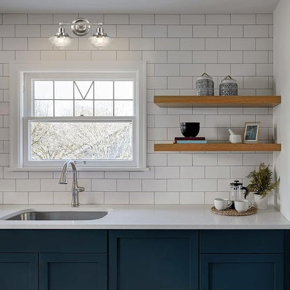 Design House Vintage-Inspired Schoolhouse 2-Light Dimmable Vanity Light, 16.875 in x 7.625 in x 9.5 in, Satin Nickel, Clear Seeded Glass Shades, 589135-SN