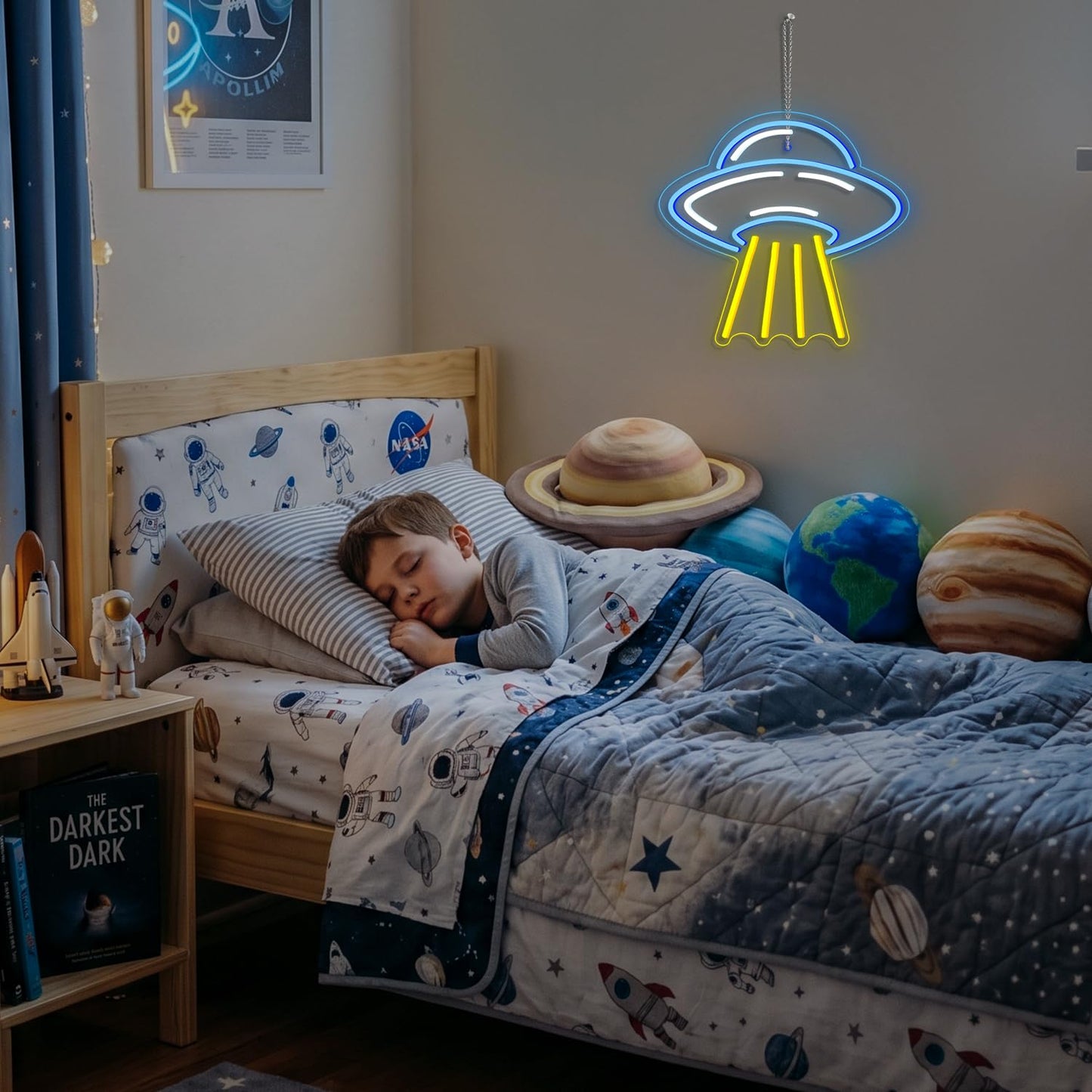 LUCUNSTAR UFO Neon Sign For Room Alien LED Neon Light Spaceship Dimmable Space Neon Signs for Wall Decor Blue UFO Neon Light Up Sign for Bedroom Game Room Wall Decor Ufo Lovers