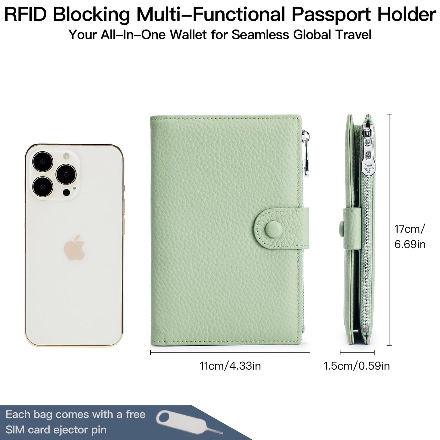 Genuine Leather RFID Blocking Passport Holder Wallet, Multi-Functional Travel Document Organizer with Zipper Pocket, Includes SIM Card Ejector Pin (Black)