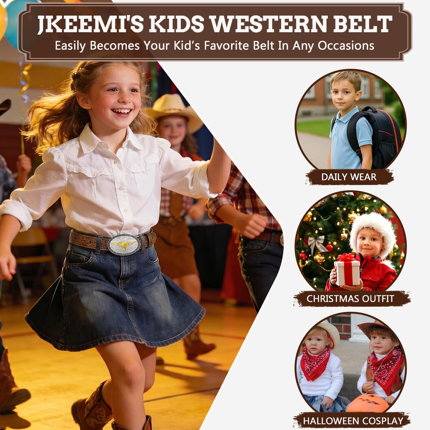 JKEEMI Kids Cowboy Belt for Boys Girls, Removable Buckle and Adjustable Embossed PU Leather Girls Boys Western Belt for Jeans