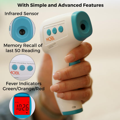MOBI - Non-Contact Forehead Digital Thermometer with Object Temperature Mode - Touchless with High Fever Indicator - No Touch Thermometer for Baby, Kids, & Adults - Intrusive Free Readings