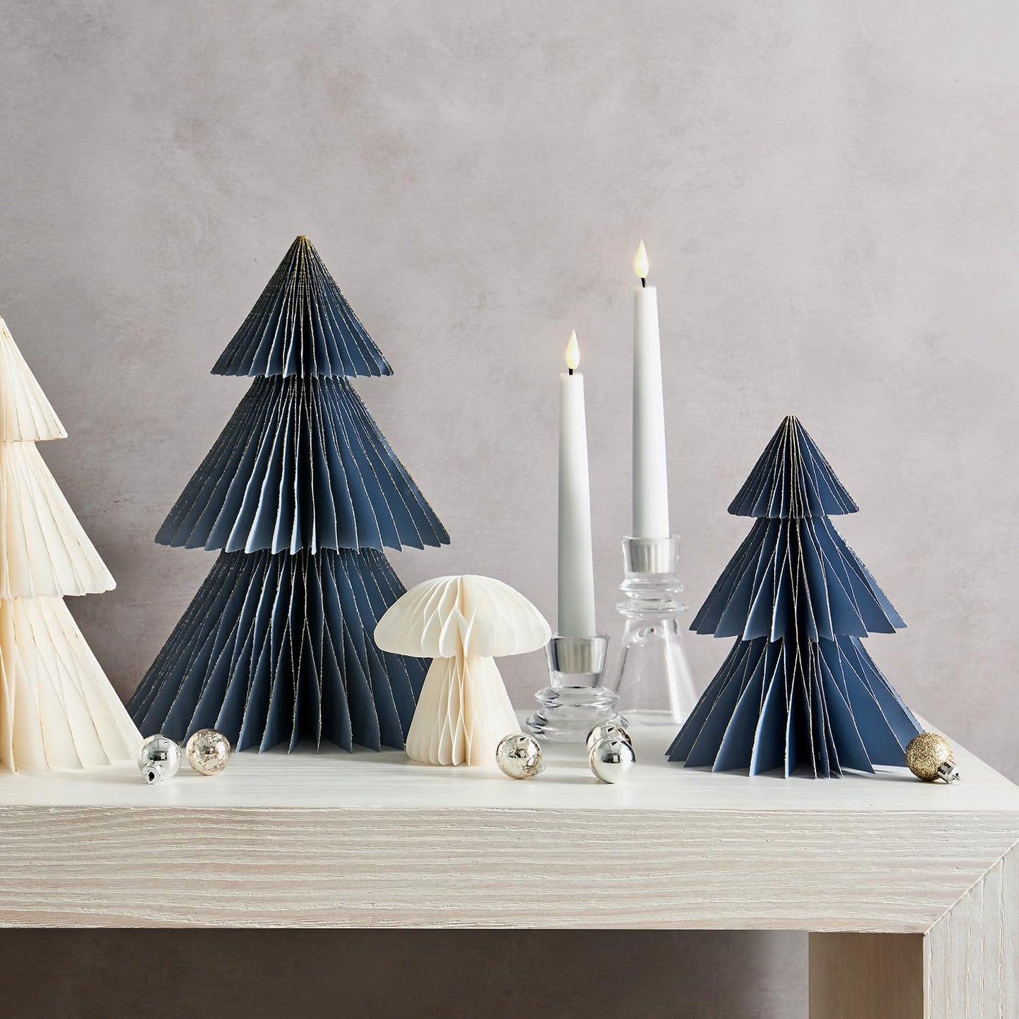 LampLust Paper Christmas Tree Decor, 2 Pack Dusty Blue Honeycomb Paper Trees, 10" & 12", Blue Decor, Winter Wonderland Decorations, Winter Table Centerpieces, Winter Decorations, Mini Ornaments