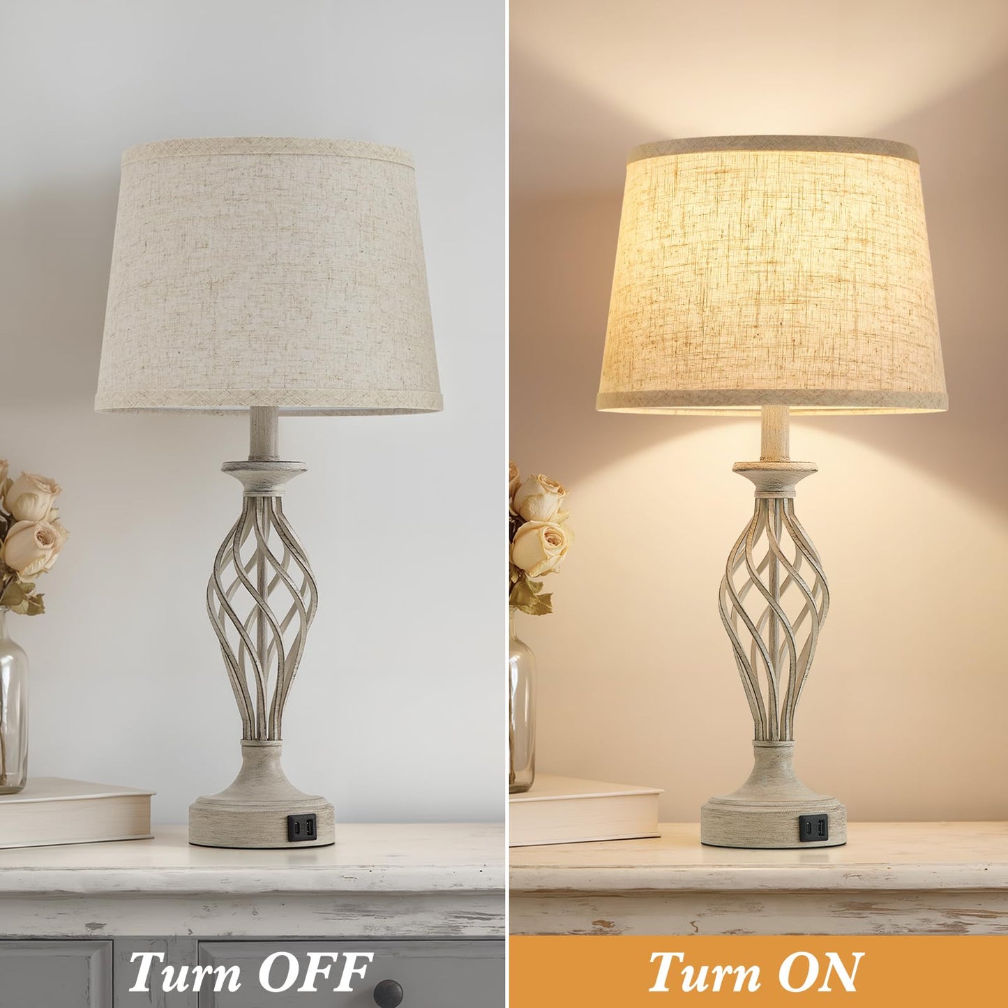 EJIAXIN Table Lamp for Bedroom Set of 2 - Light Grey Bedside Lamps with USB C+A Ports,Rustic Distressed Farmhouse Bedroom Lamp - Lamp for Living Room Reading Bed Side End Table Bulbs Included