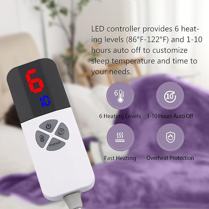 Full Electric Blanket, Heated Electric Blanket with Flannel Sherpa, Machine Washable Heated Blanket with Timer 6 Heating Levels & 1-10 Hours Auto Off, Overheat Protection,72" x 84", Lavender Violet