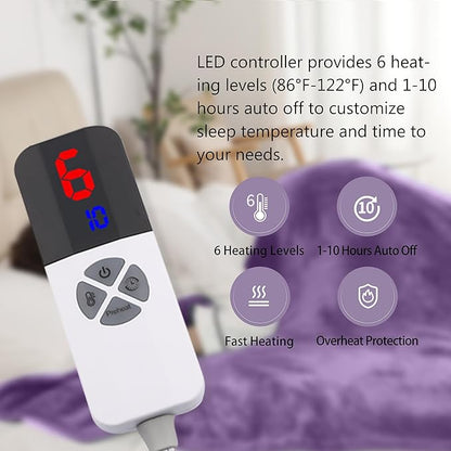 Full Electric Blanket, Heated Electric Blanket with Flannel Sherpa, Machine Washable Heated Blanket with Timer 6 Heating Levels & 1-10 Hours Auto Off, Overheat Protection,72" x 84", Lavender Violet