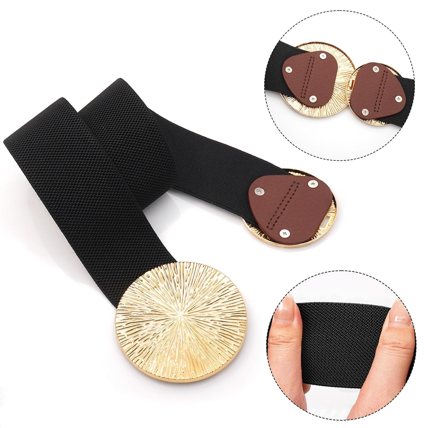 BAOKELAN Women Wide Stretchy Waist Belts Elastic Cinch Belt for Dresses Black Gold 65CM