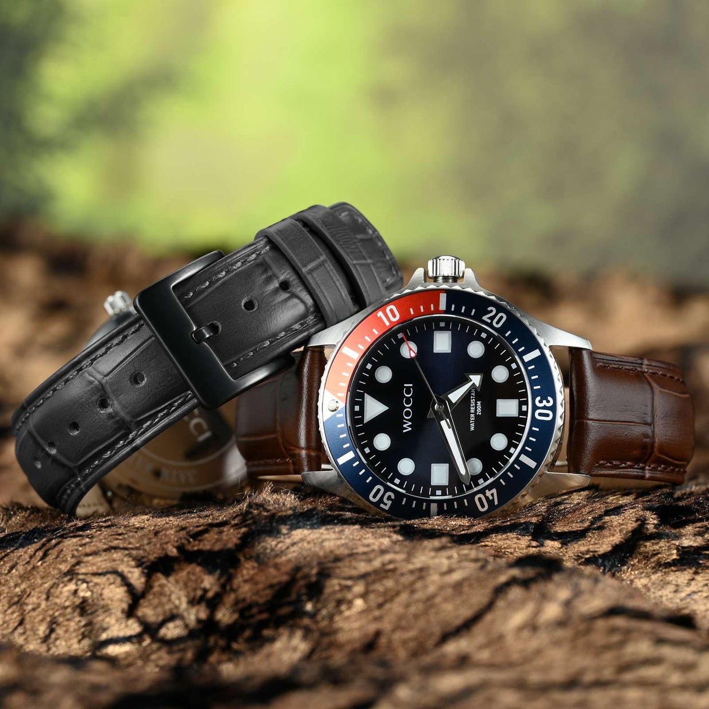 WOCCI 22mm Watch Band, Top Grain Leather, Embossed Alligator Grain, Quick Release, Black Buckle (Dark Grey)