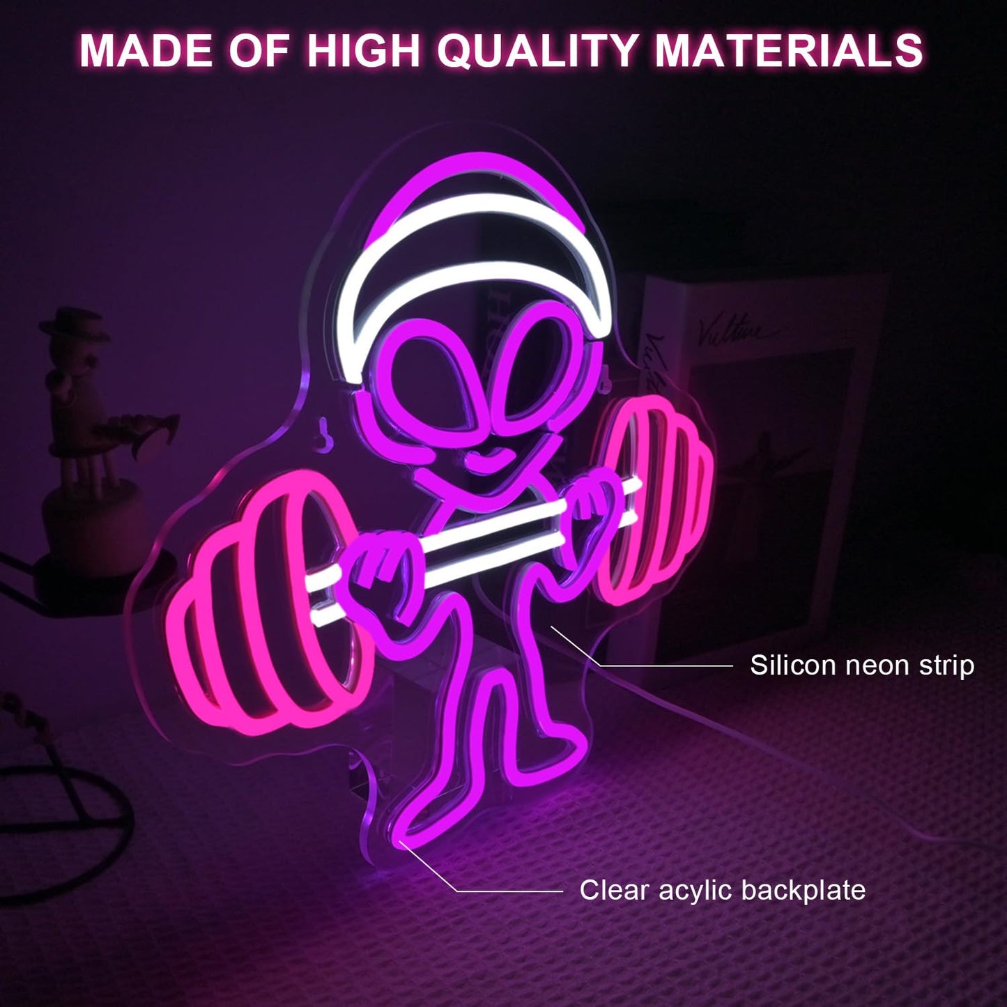 LUCUNSTAR Alien Neon Sign Dumbbell Gym Led Wall Decor LED Alien Light Shop Bar Man Cave Teen Room Game Room Decor Hip Hop Party Neon Signs Wall Decor Party Bedroom