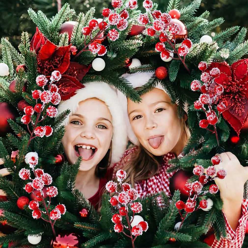 KSPOWWIN 24 PCS Artificial Holly Berry Stem Picks with Snowflake Glitter Christmas Tree Berries Floral Picks for Christmas Tree Ornaments DIY Wreath Crafts Wedding Decor