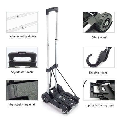 ZHJINGYU Folding Hand Truck Trolley, Utility Cart with 4 Wheels & 2 Elastic Ropes, Portable Backpack Trolley, Luggage Dolly, Travel & Moving, Shopping, Aluminum, Black, Small