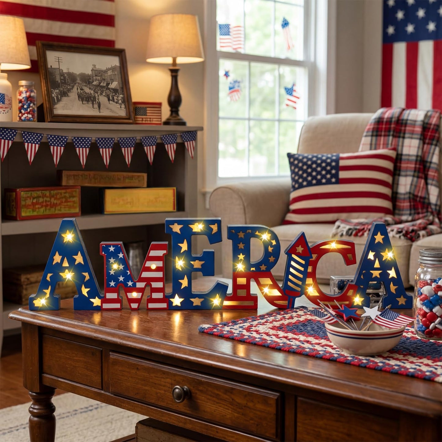 Geetery America LED Wooden Sign Patriotic Wooden Words Sign 4th of July Tabletop Centerpiece Decor 250th Anniversary Decorations for Independence Day Memorial Day Party Home Office