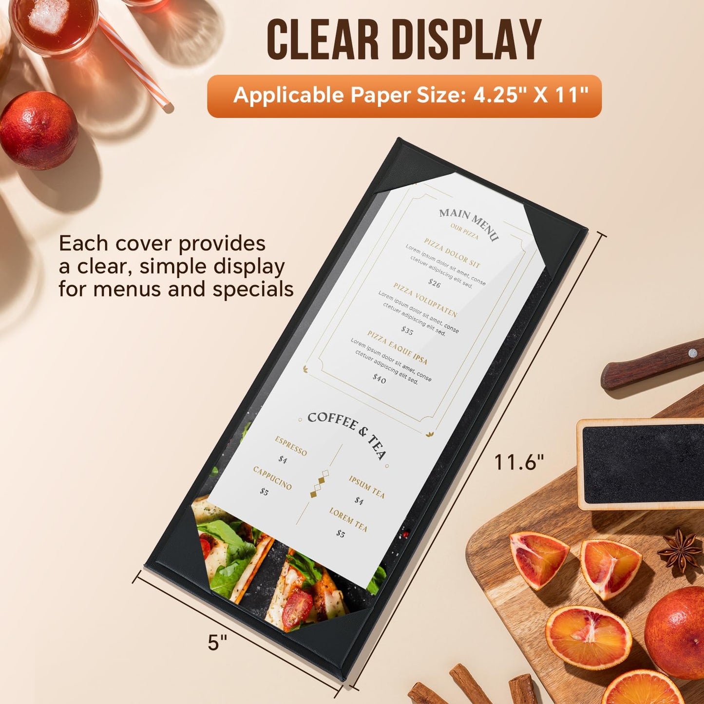 MYFULLY Restaurant Menu Holders 4.25" x 11", 12 Pack Black PU Leather Single Panel Menu Covers with Angled Corners for Restaurant, Bar, Coffee Shop, Wine List (1 View)