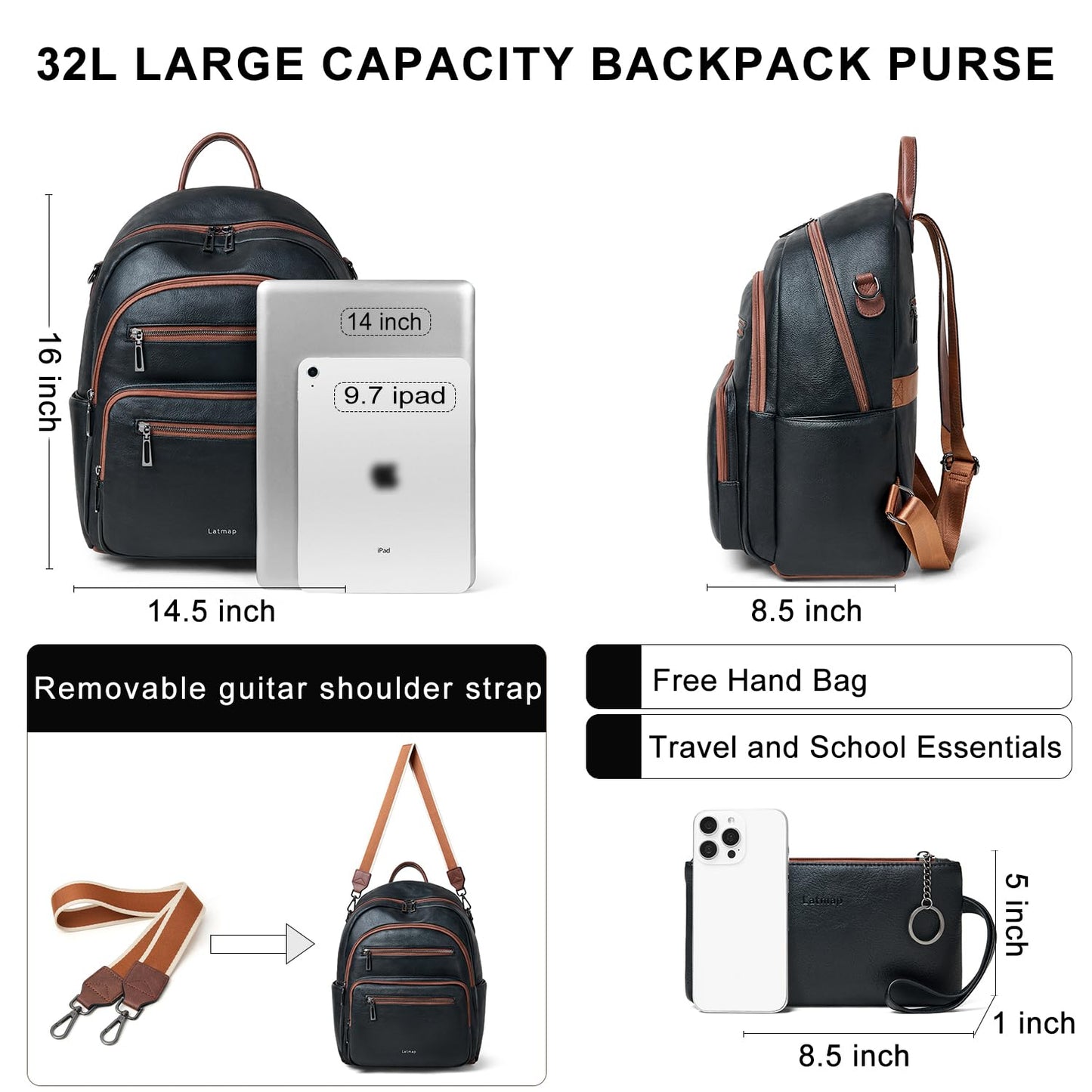 LATMAP Backpack Purse for Women Laptop Backpack, Leather Travel Backpack Shoulder Bag Teacher College Daypack Work Handbag fits 14" Laptop-Black with Brown