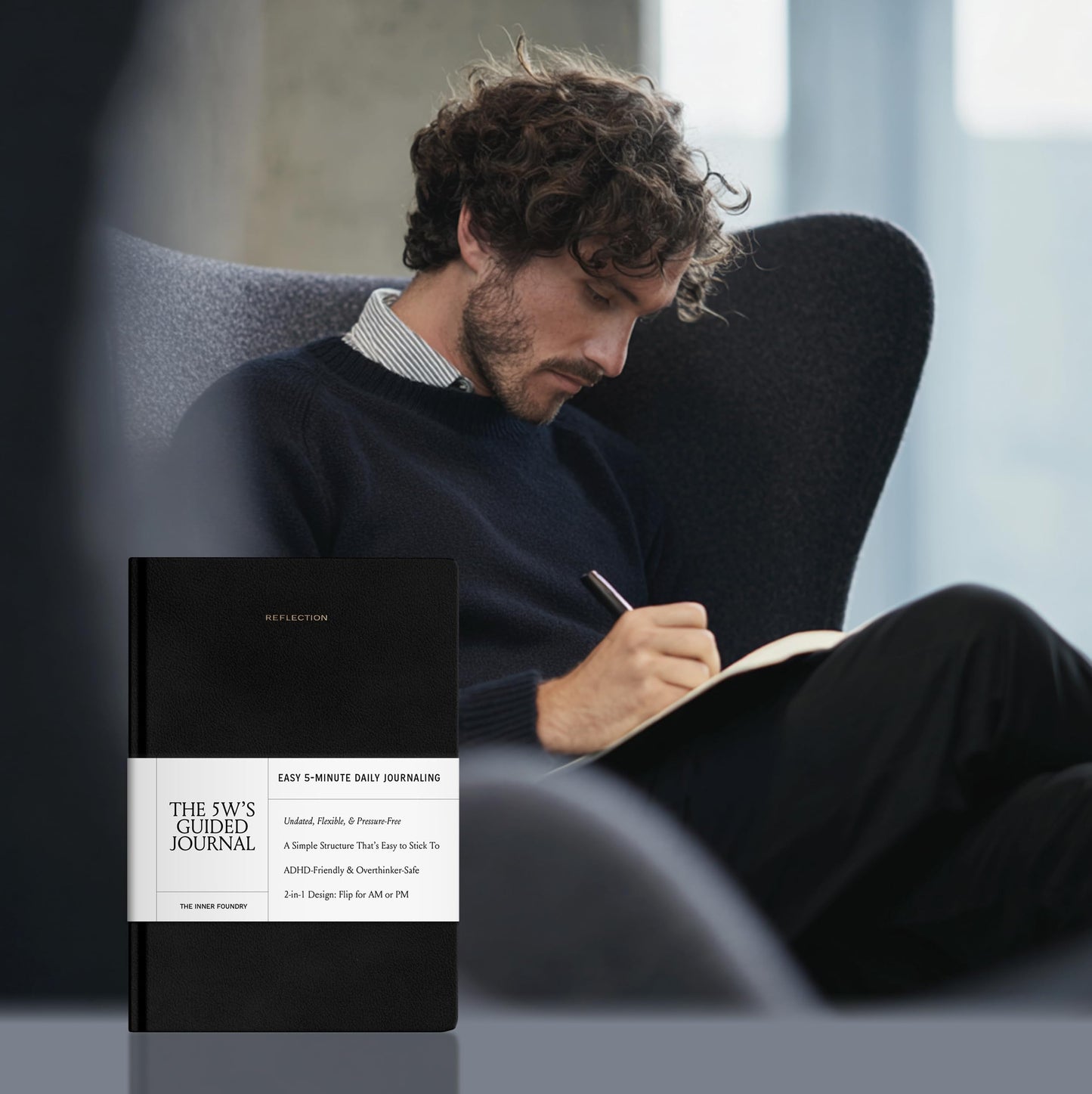 10-Minute Morning & Night Journal – Reversible AM/PM Guided Notebook for Mindfulness, Focus & Consistency – Undated Daily Journal in Black Vegan Leather | The 5W’s Guided Journal by The Inner Foundry
