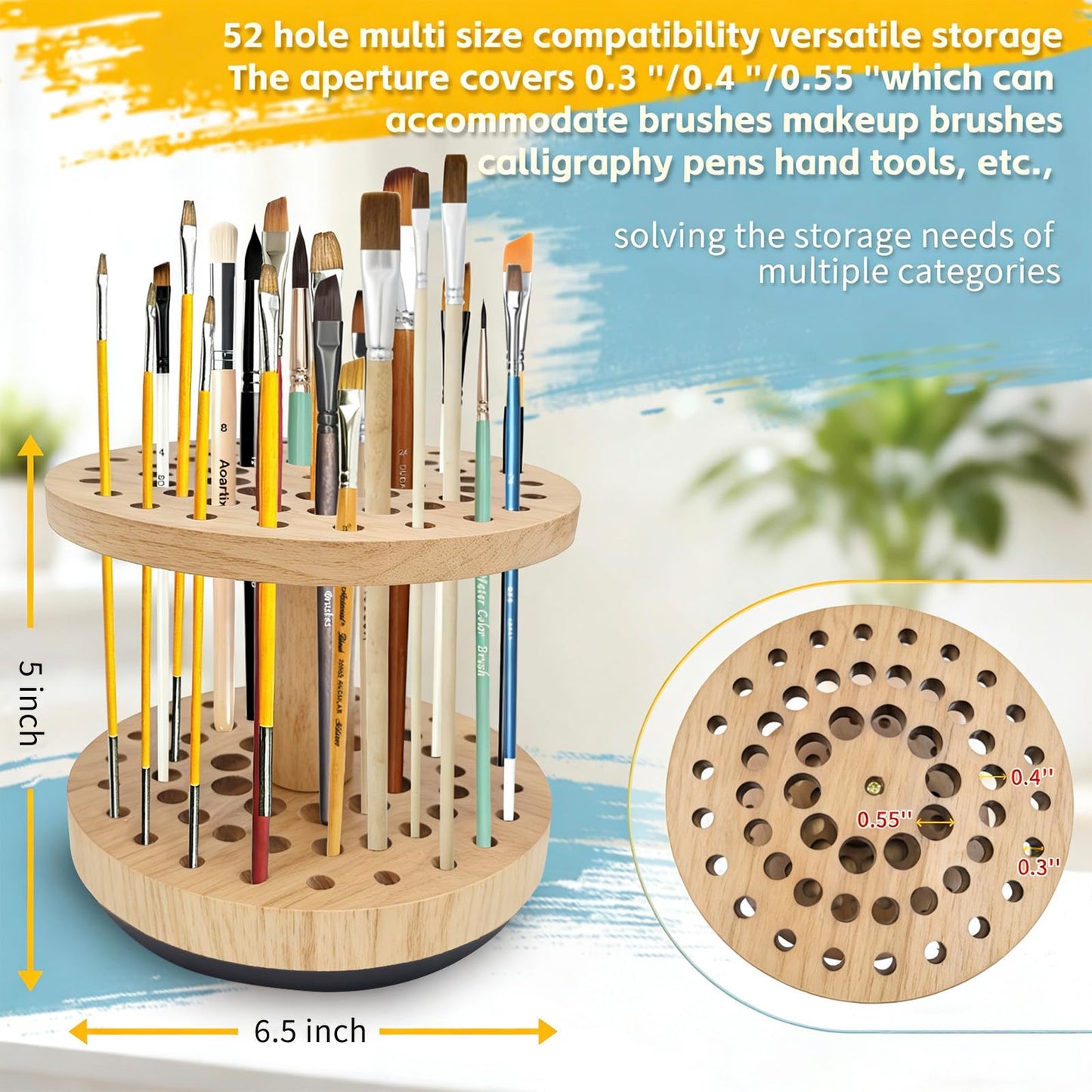 Natural Solid Hardwood Paint Brush Organizer – 360° Smooth Rotating, 52-Hole Vertical Storage Rack, Compact Desktop Holder for Cosmetic Brushes, Craft Supplies & Calligraphy Pens