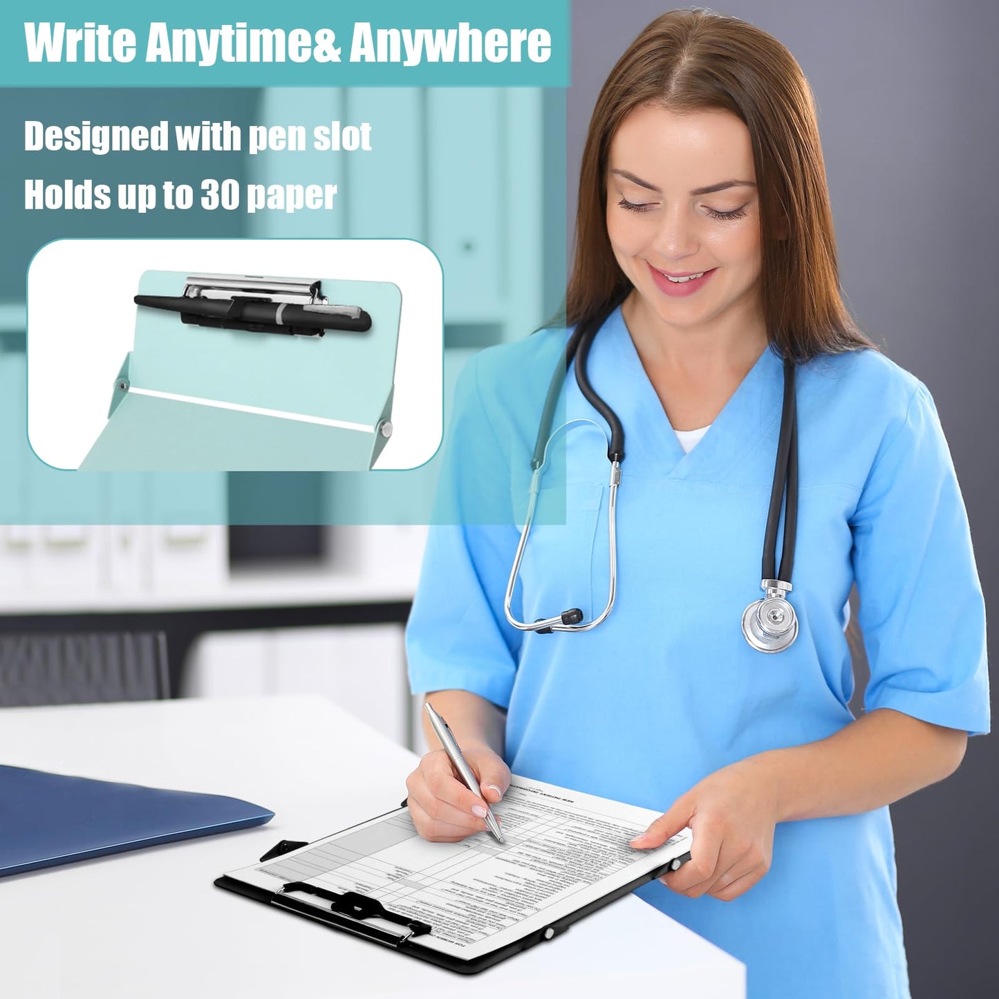 Nursing Clipboard Foldable,Nurse Clipboard 3 Layers Aluminum w/Nursing Medical Edition Cheat Charts, Foldable Nursing Clipboard w/Low Profile Clip,Pocket Clipboard for Students/Nurses/Doctors,Mint