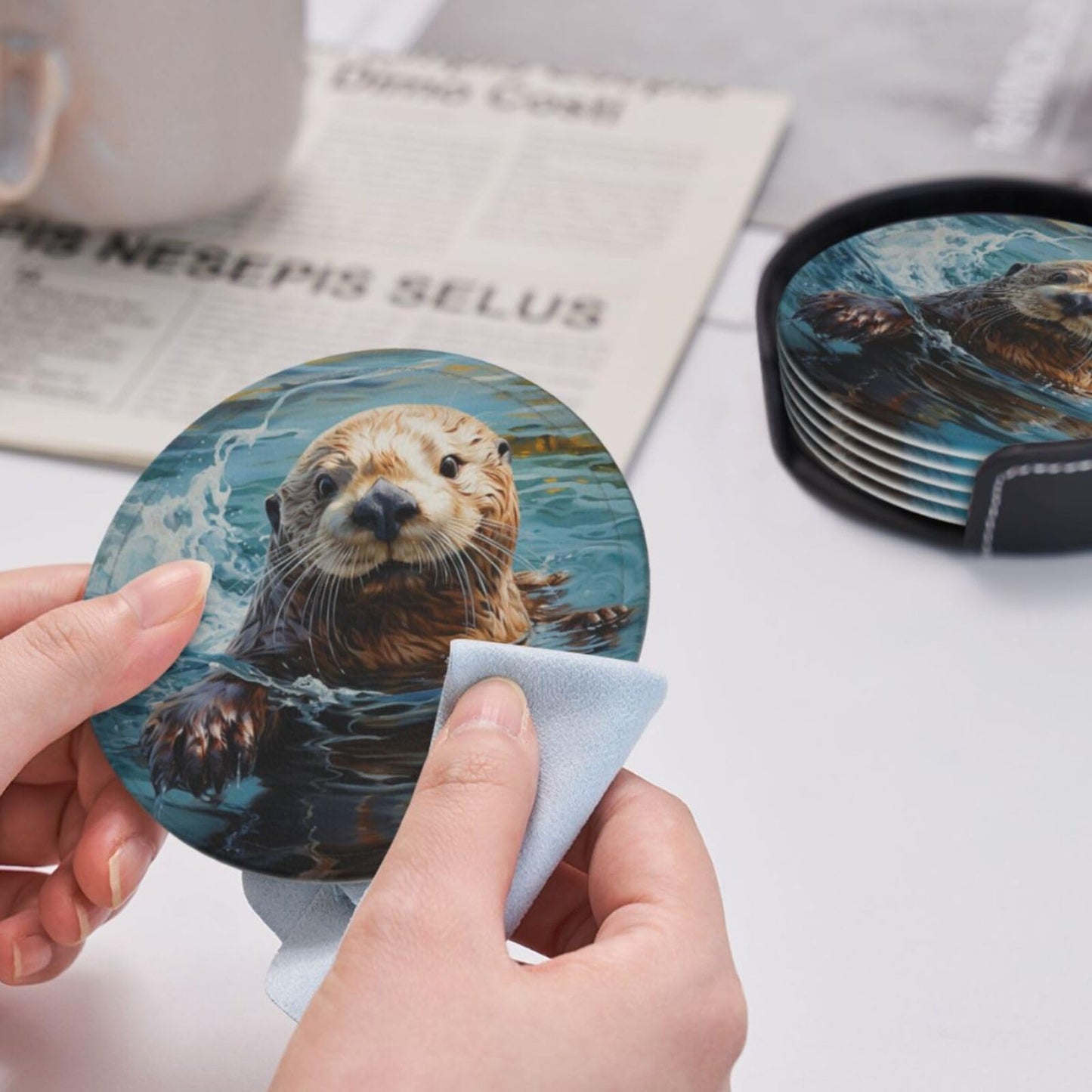 Famame 6 Pcs Cute Sea Otter Leather Coasters for Drinks with Holder Coaster Sets Drink Table Cup Coasters for Living Room Kitchen Coffee Decor