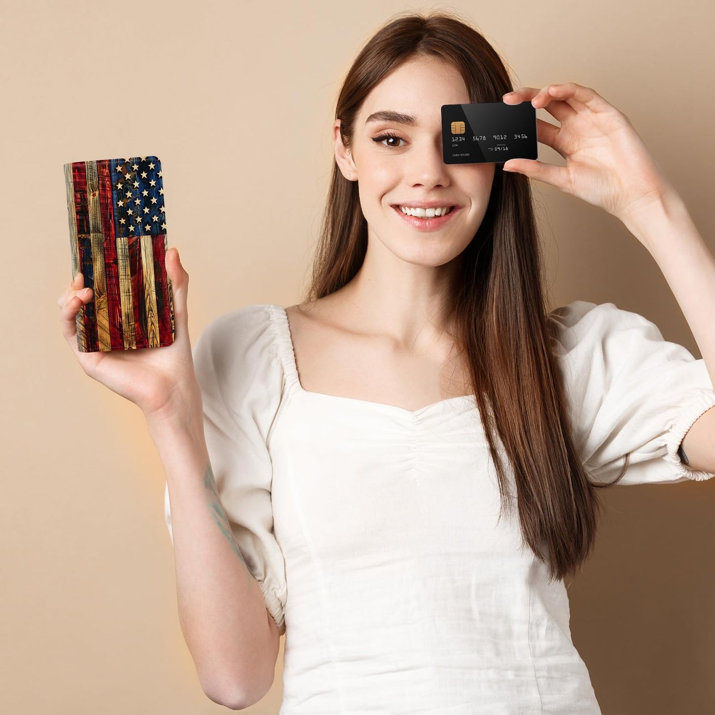 ACWDMKH Leather Checkbook Cover for Men Women Personal Checkbook Holder RFID Blocking Check Book Holder Cover for Duplicate Checks,with A Pen,American Flag Wood