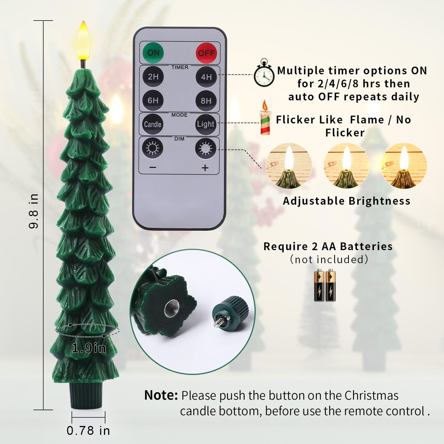 KDVOG 3Pcs Christmas Tree Candles with Remote, Real Wax Flameless Taper Candles,LED Candlesticks Window Candlelights with 3D Flickering Flame for Xmas New Year Home Decorations Gifts 9.7 in