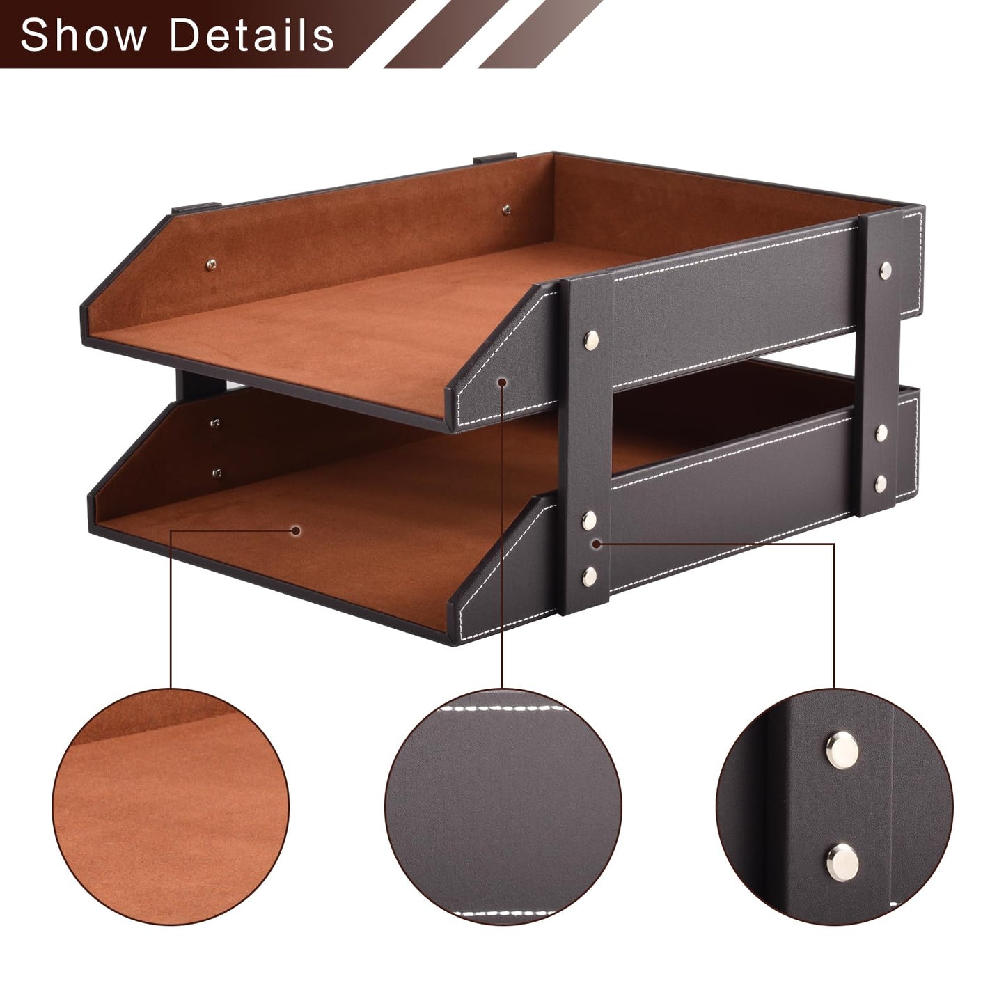 XNONE Leather Desk Organizer,2-Tier Stackable Letter Tray Holder,Office Supplies Desktop Storage Box for Document,Stationery,Magazines,Newspapers,Letters and Other Home Office Paper Sundries,Coffee