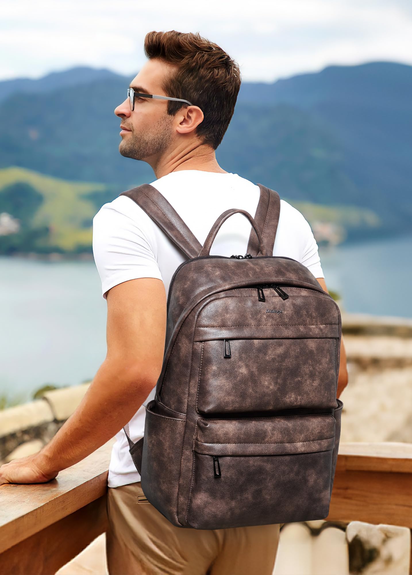 tiamyi Vegan Leather Backpack for Women and Men, Fits 16.0 Inch Laptop, Multi-Pocket Design with Water Bottle and Luggage Strap, Ideal for Work, Travel, and Daily Use, Coffee