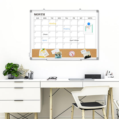 QUEENLINK Dry Erase Calendar Board for Wall, 24"x18" Magnetic Whiteboard Calendar Double-Sided Monthly White Board with Cork Board, Aluminum Frame Memo Message Board for Office, Home, School, Kitchen