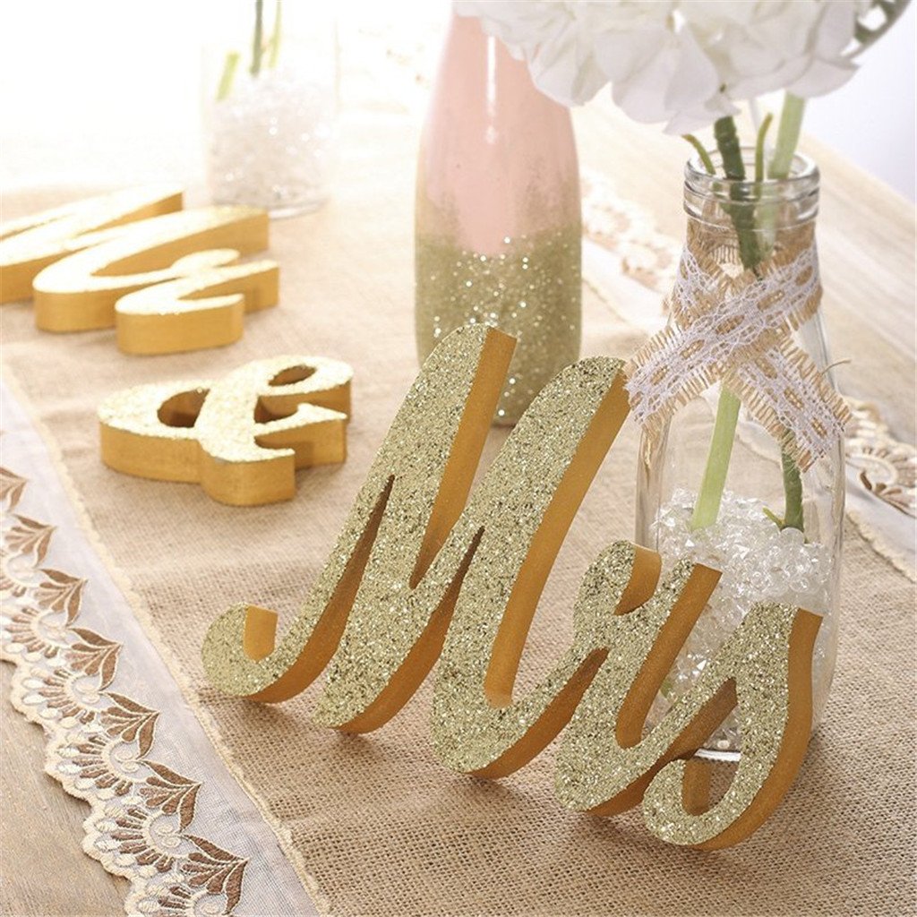 Large Golden Mr & Mrs Sign for Wedding Table with Just Married Banner - Gold Glitter Freestanding Letter Decorations for Party or Holiday - Indoor and Outdoor