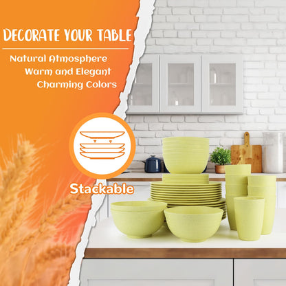 Wheat Straw Dinnerware Set 40-Piece Service for 8 Unbreakable Dishes Set Plates and Bowls Sets Drinking Glasses Microwave Safe Dish Set Lightweight Dinnerware Set for Home & Kitchen - Yellow