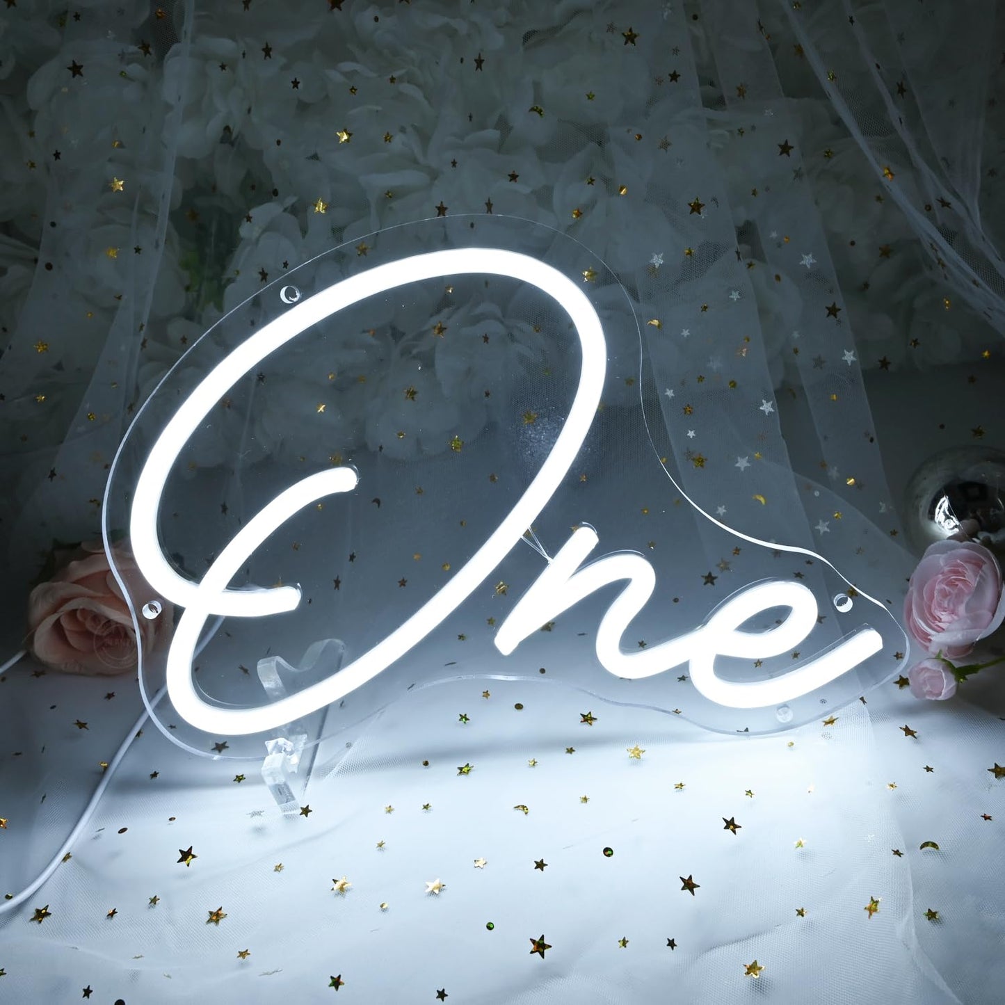 Planzo One Led Neon Sign Light 1th One Year Old Birthday Baby Cave Backdrop Bedroom Wall Sign Decor Banner Wedding Party Decor Gifts USB 11.81"x8.66" Cold White