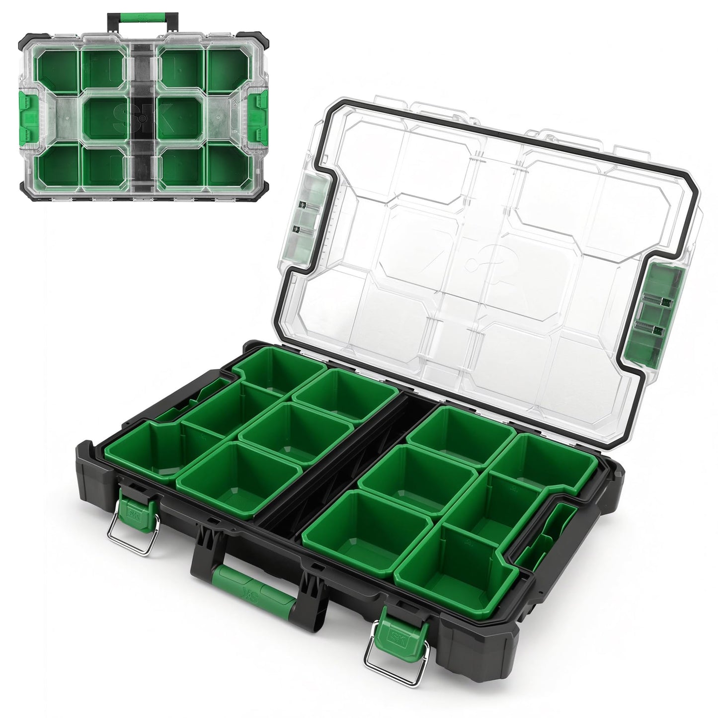 SK 20.5-Inch Small Part Organizer, Stackable Tools Box Organizer with 15 Compartments and Removable Dividers, Transparent Lid, Waterproof & Impact-Resistant Design, for Small Tools and Accessories