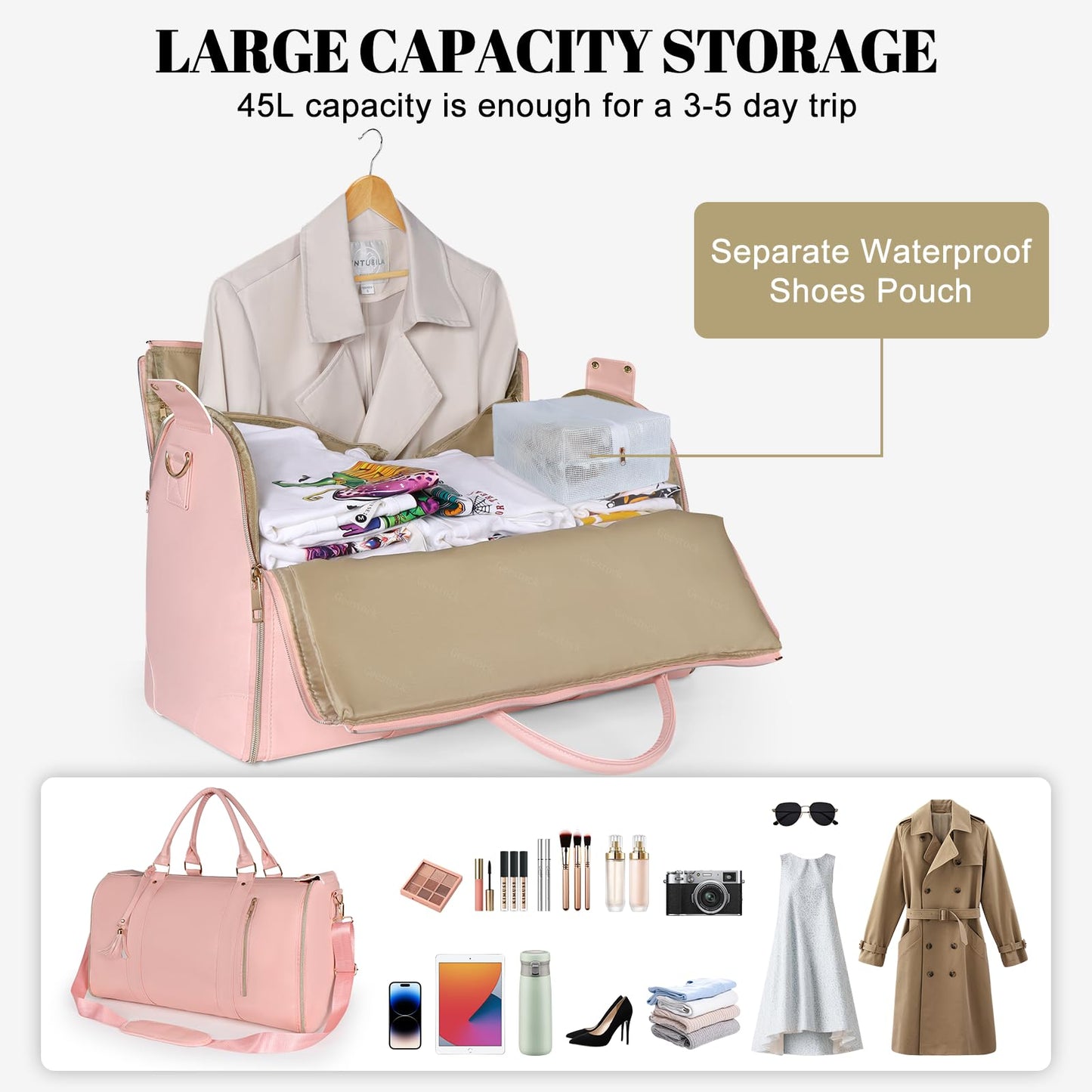 Geestock Convertible Garment Duffle Bags for Travel, Carry On Garment Bag with Shoe Pouch & Shoulder Strap - PU Leather Foldable Travel Duffle Bags 2 in 1 Hanging Dress Suitcase Suit Bag, Pink