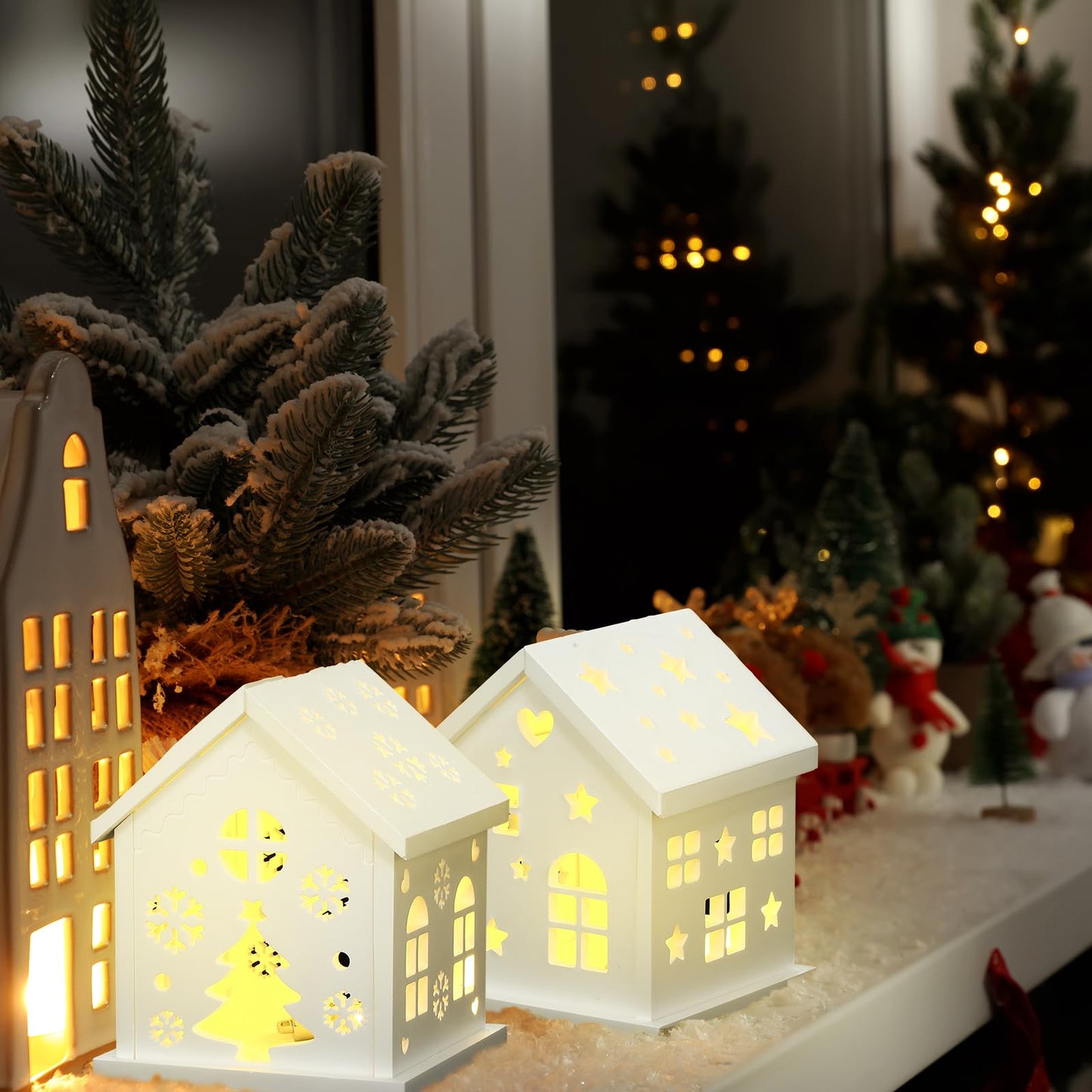Reallnaive 2 Set Christmas Village House Silicone Molds Plaster Epoxy DIY Craft Making Mold White House Buildings Lantern Casting Xmas Tabletop Decoration for Home Indoor Xmas